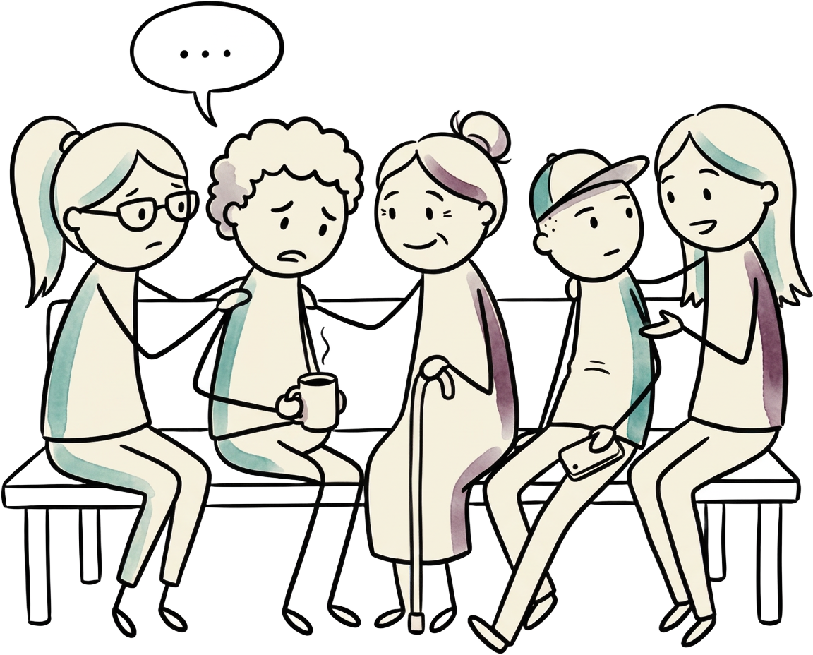 Stick-figure illustration of friends on a bench leaning on each other, with two on the right turned toward each other in conversation